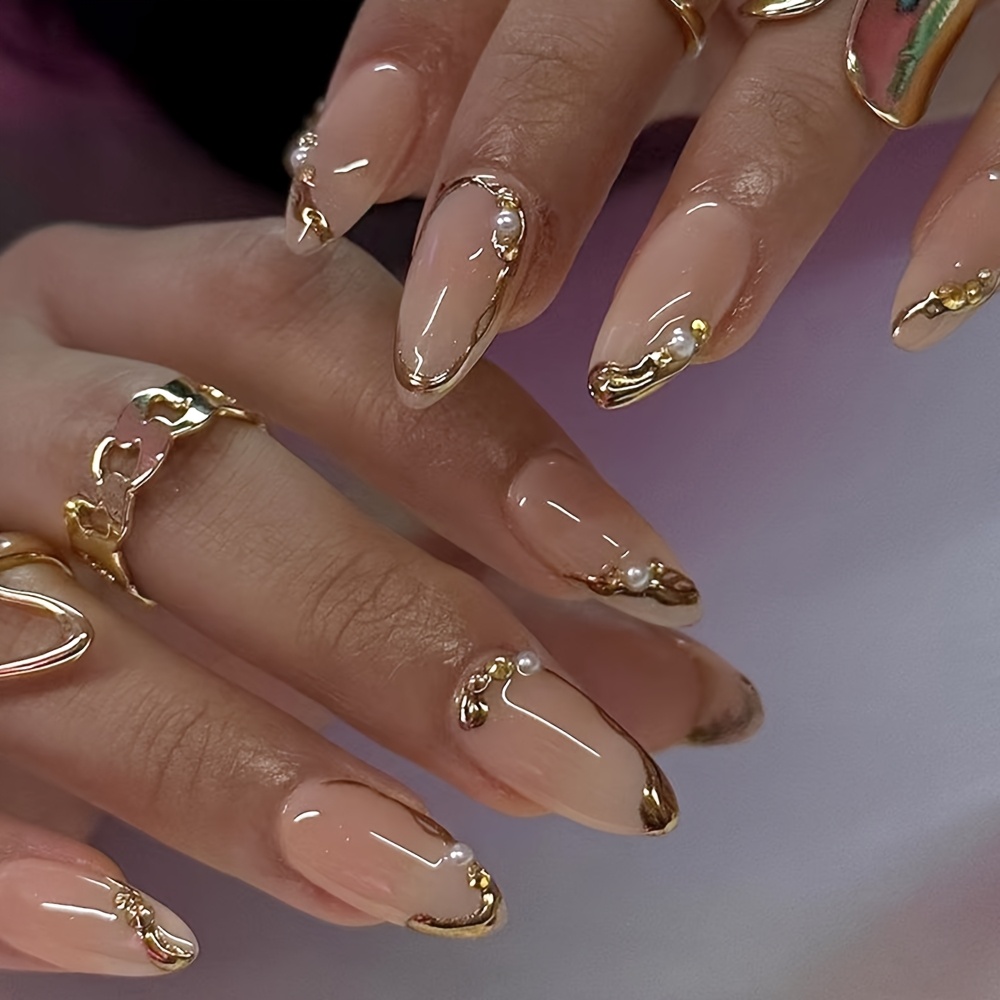 E-shop 24 Stück Press-On Nägel mit 3D Goldenen Streifen – Wiederverwendbare Kunstnägel für Damen, Elegante Glitzer-French-Tip-Nagelstyling, Schicke