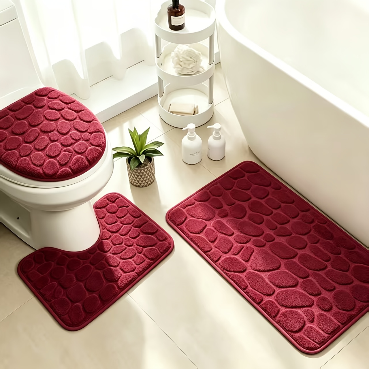 TEMU 3pcs Set Of Soft Thick Coral Fleece Bath Mats - Quick-drying, Non-slip, Pebble Pattern Home Decor Suitable For Bathroom Floor Mats, Bathroom