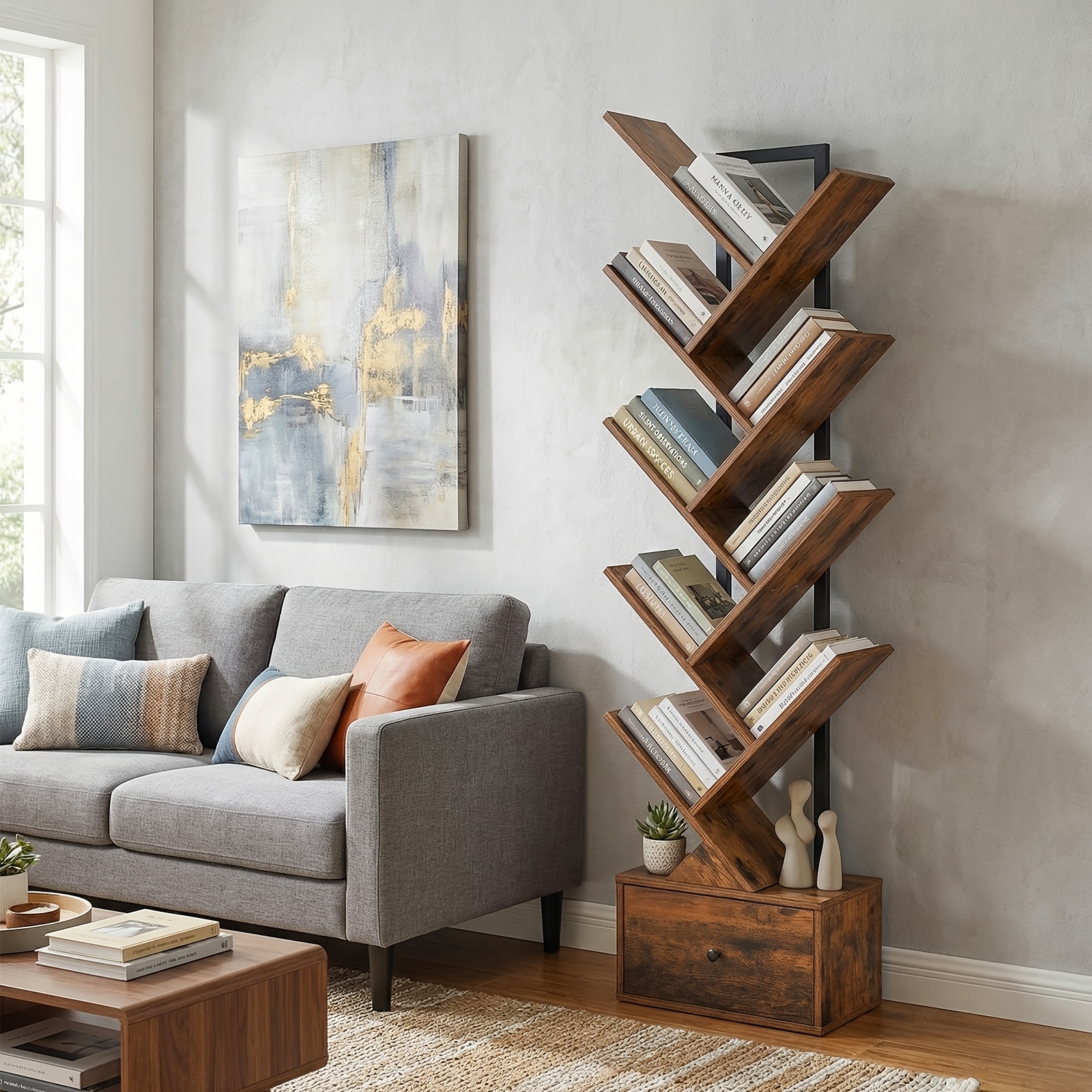 A 9-level Tree-shaped Bookshelf With Drawers, A Bookcase, Suitable For Living Rooms, Bedrooms And Home Offices, A Multi-functional Dvd Bookshelf Organizer