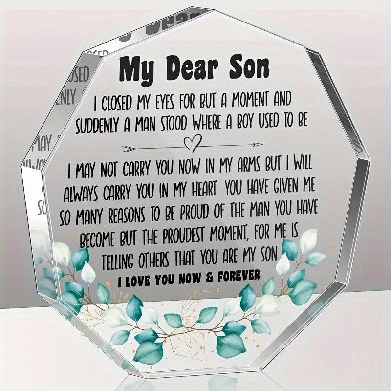 

Clear Acrylic Keepsake Plaque - Proud Of You - Perfect Gift For Son From Mom Dad For Birthday, Wedding, Graduation, Christmas & Halloween, Home Office Desk Decoration