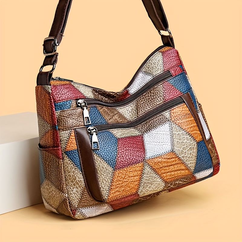 vintage geometric pattern crossbody bag for women contrast color simple shoulder bag adjustable shoulder strap and zipper closure   design 5