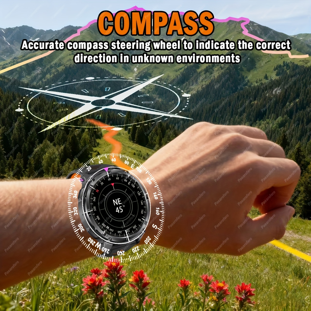 La nouvelle montre connectée 2025 avec batterie grande capacité 1100mAh, appels sans fil, notifications de messages, navigation par boussole et divers petits outils comme secondeur, réveil, lampe torche, météo, calculatrice, minuterie, podomètre calorique, 120+ modes sportifs et 100+ fonds d'écran.