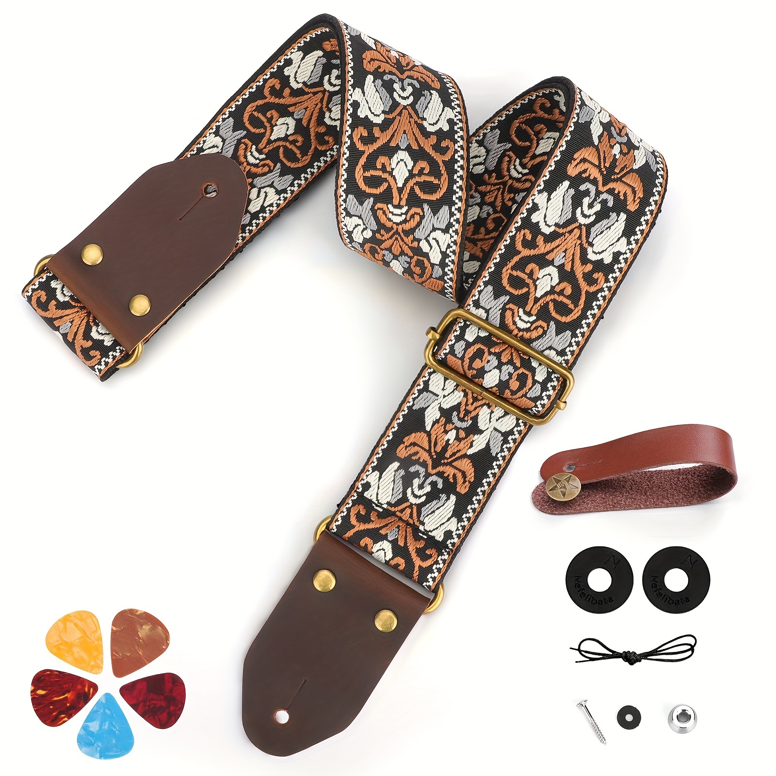 TEMU Jacquard Embroidery Cotton Guitar Strap, Stylish & Durable, Leather Ends For And Support, Ideal For Professionals