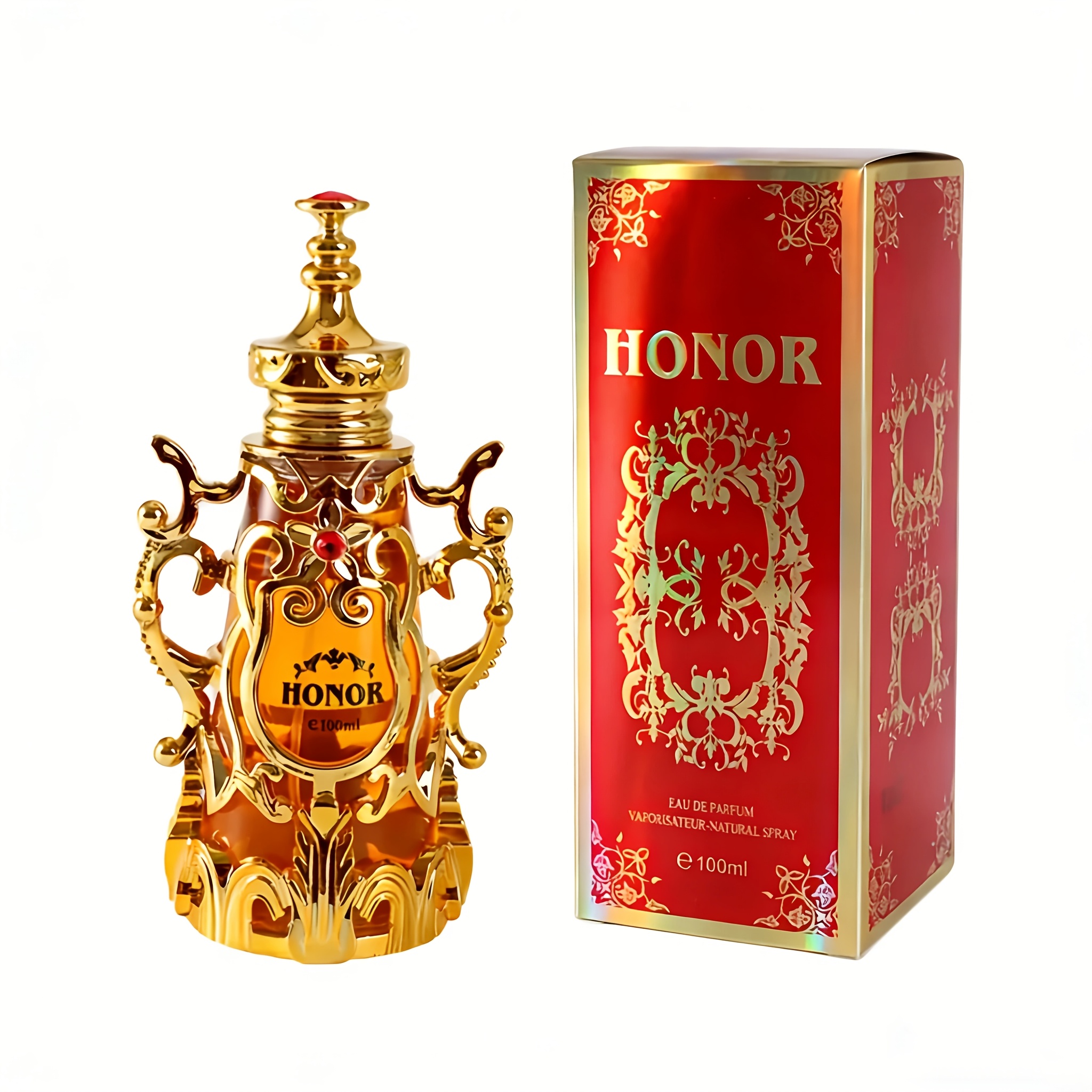 Image of 100ml Middle Eastern | Gilded Carved Bottle. Top: Grapefruit+mint; Heart: Rose+cinnamon; Base: Agarwood+amber (floral-). For Dates, Parties & Premium Gifting.