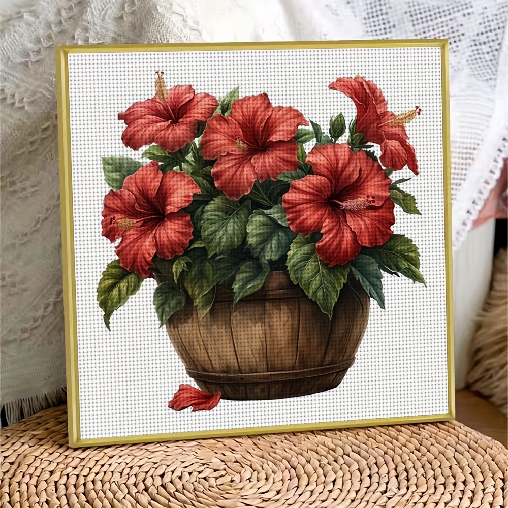 11CT Frameless DIY Cross Stitch Kit, Red Hibiscus Flowers Pattern