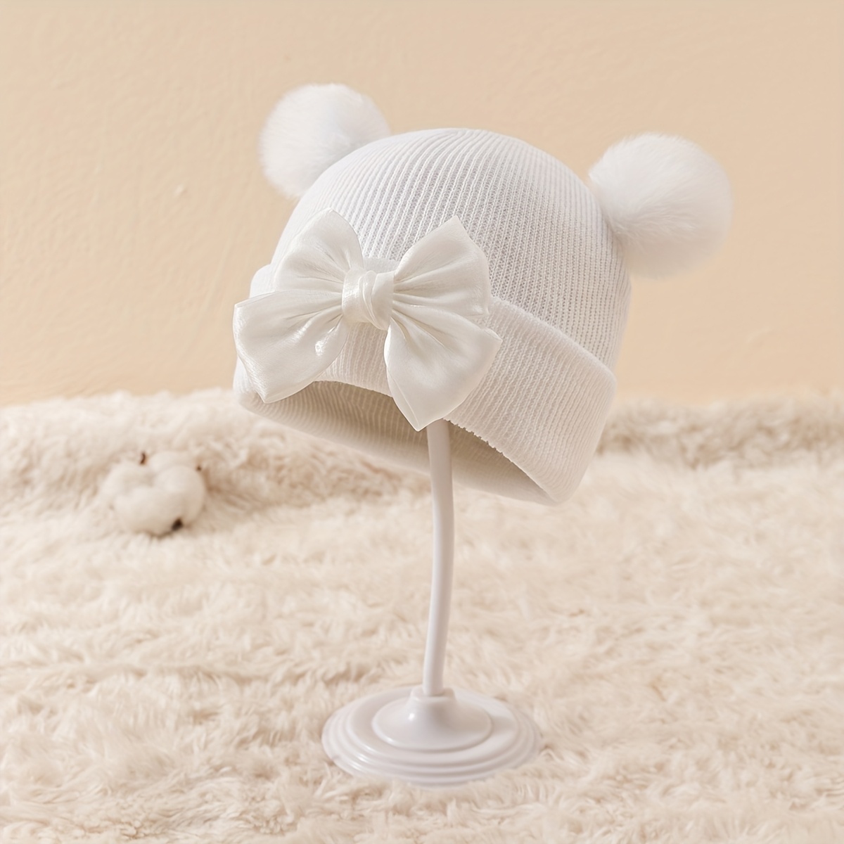 Double Pom-pom Cute Big Bow Autumn Winter Knit Hat New Year Gift
