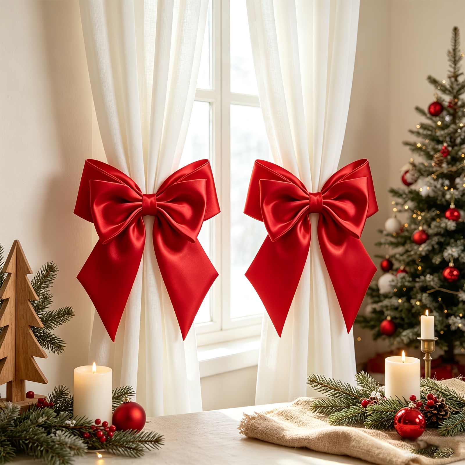 TEMU 2pcs Set Of Christmas Tree Decorations, Curtain Tie Decorations, Creative Christmas And New Year Home Decoration Window Decorations, Red French
