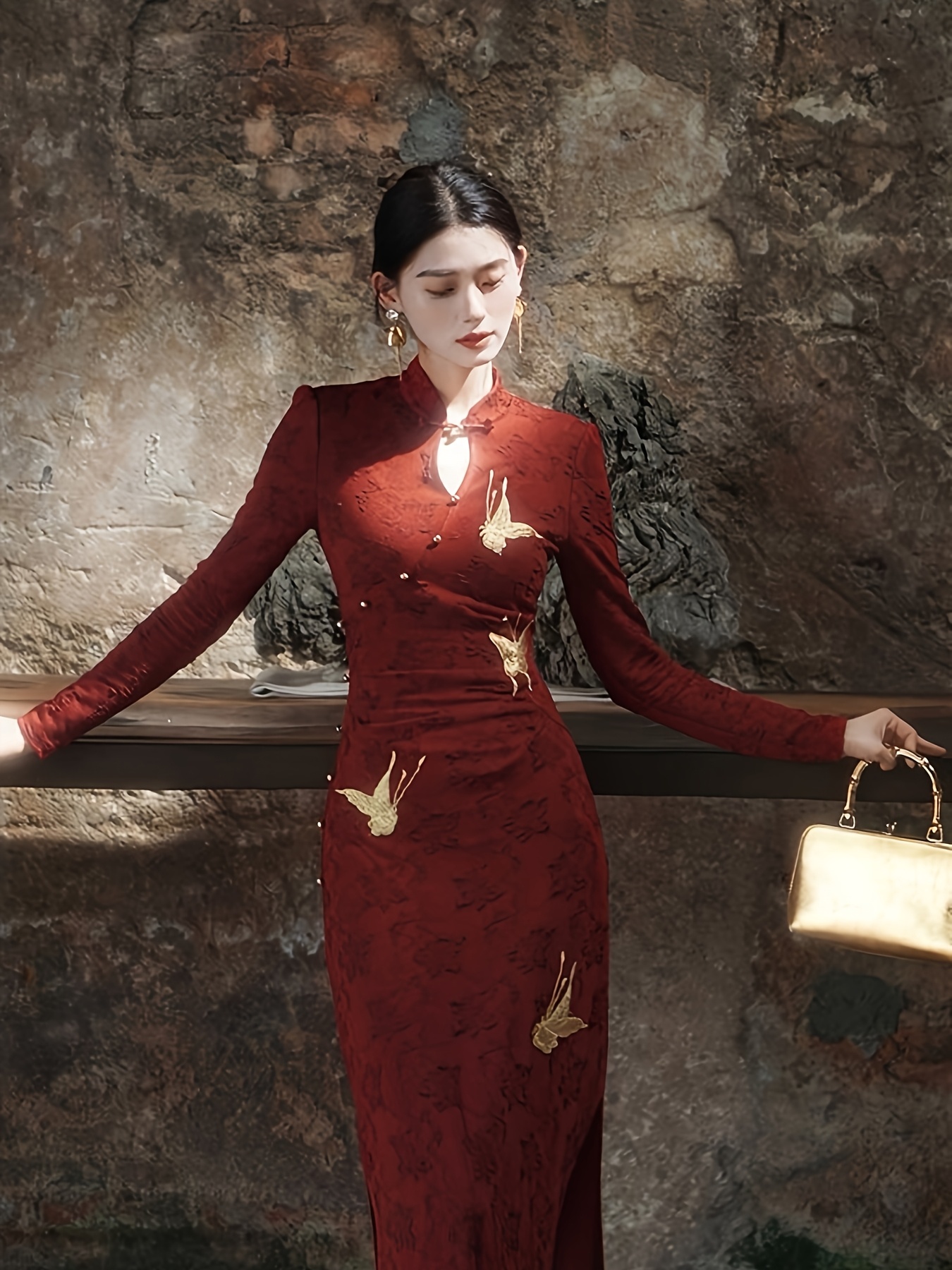 red chinese dress long sleeve Long Sleeves A-Line Midi Length Velvet Qipao With Floral Embroidery, Black / 2XL