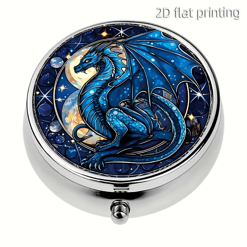 Image of 1pc Blue Dragon 3-compartment Pill Box - Travel Portable Pill Organizer For Purse - Decorative Metal Medicine Vitamin Case - Unique Halloween Christmas Gift