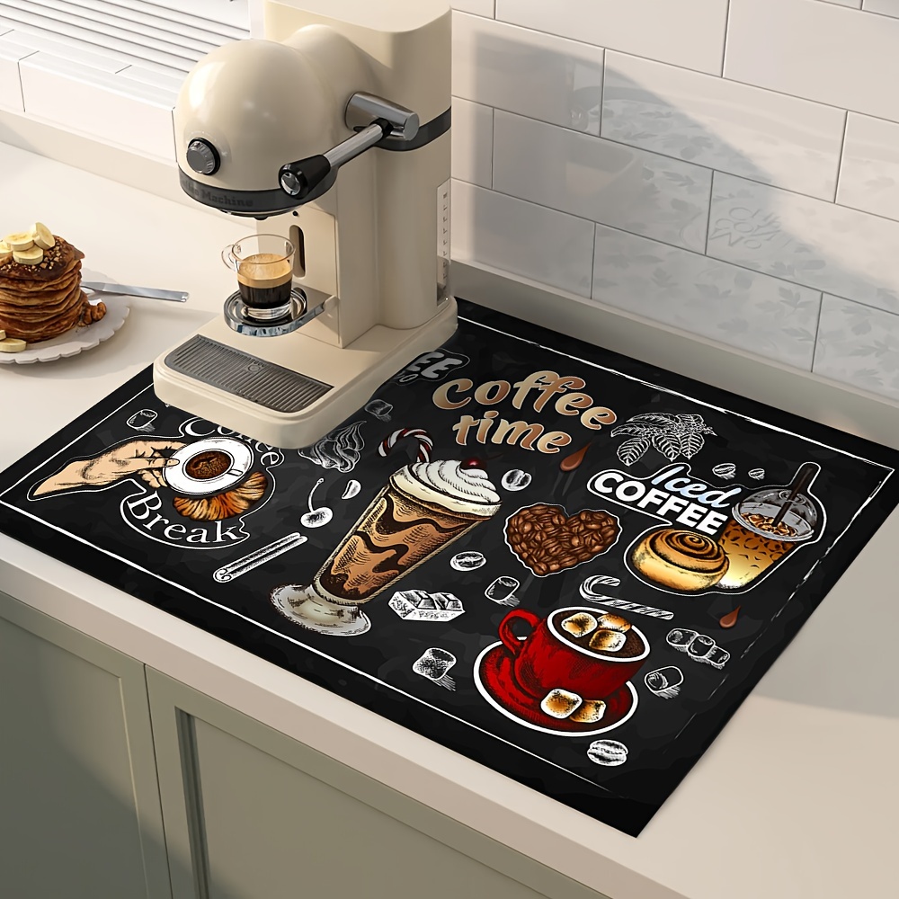 

Coffee Themed Dish Drying Mats - Absorbent Polyester Countertop Mat For Dishes And Coffee Maker, Non-slip & Heat Resistant, Retro Hand-painted Design, Kitchen Table And Bar Accessory - 1 Pc