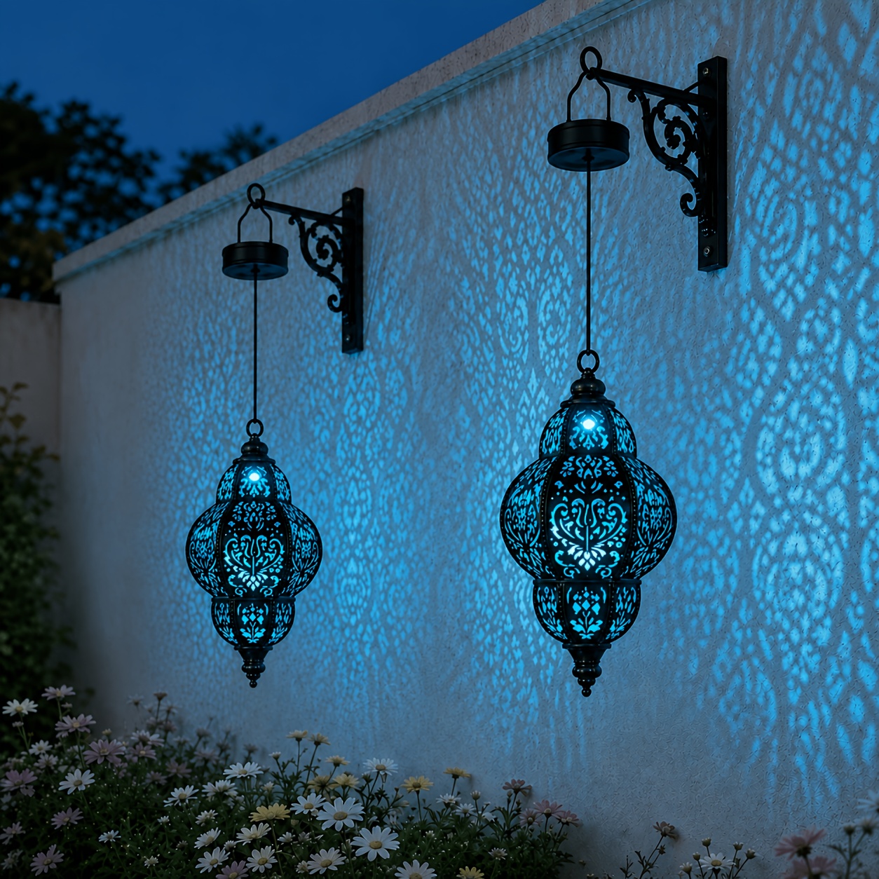 TEMU Solar-powered Hanging Lantern With Smart Sunset To Sunrise Light Sensor,, Blue Led Moroccan Metal Lantern, Automatic Outdoor Decorative Light,