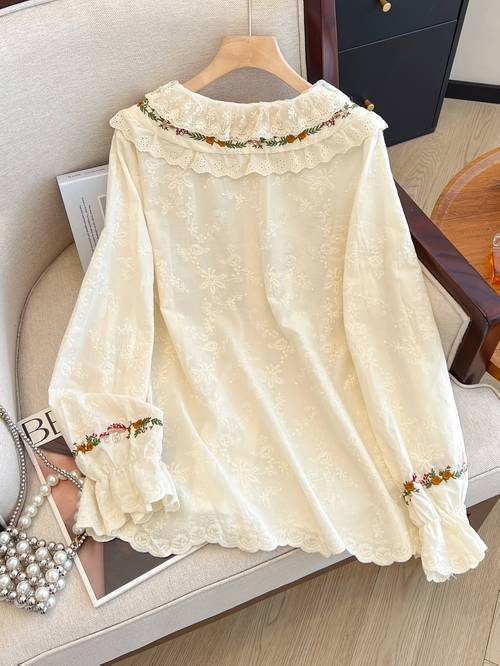 sweet embroidered ruffle lace doll neck lace up loose long sleeve top shirt