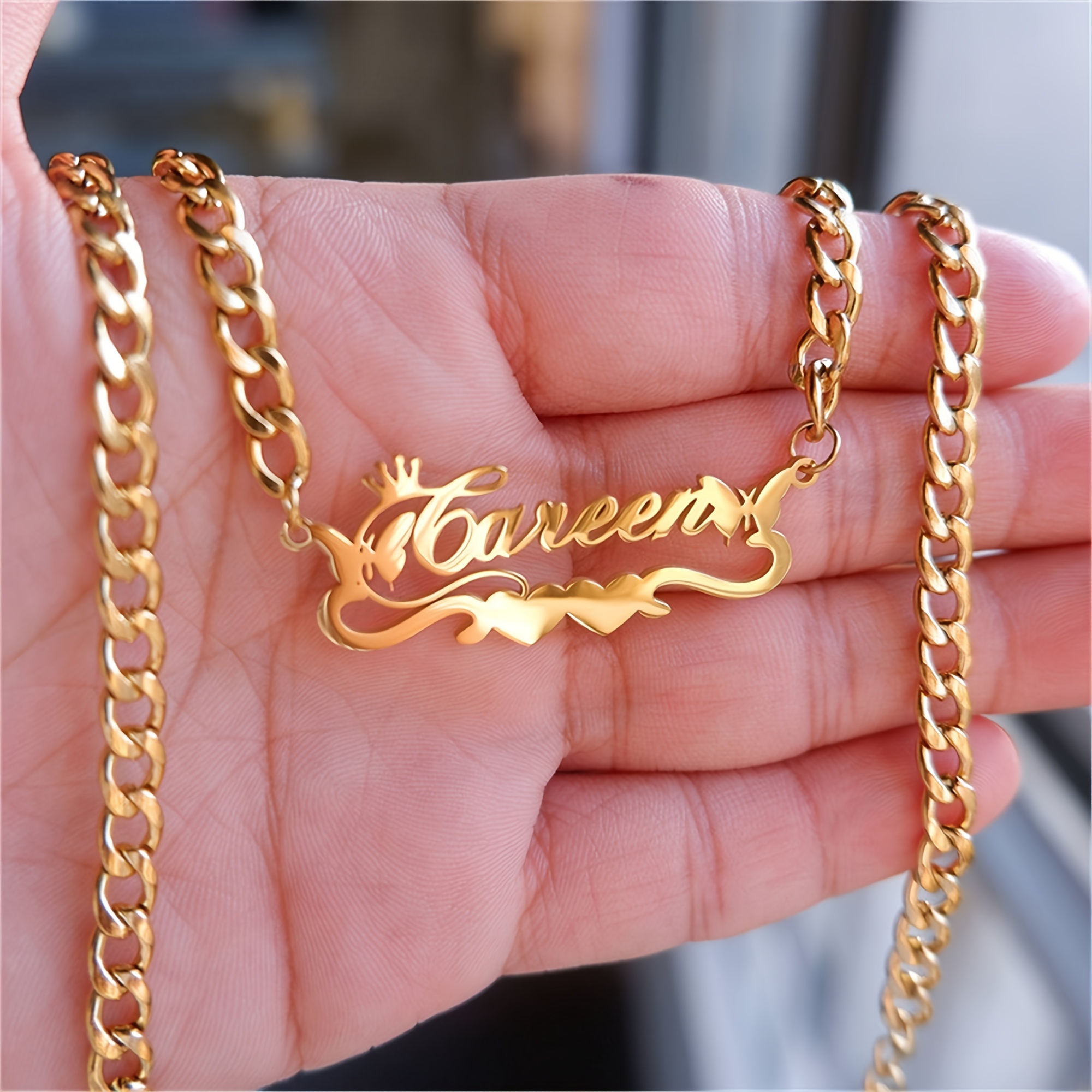 

Custom Personalized Name Necklace With - Fashion Pendant, No Plating, Stainless Steel Chain, Engravable 304 Stainless Steel Pendant For Men And Women, Chic Love Cuban Link Necklace Style