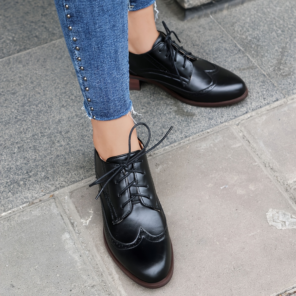Mid Heel Patent Leather Womens Black Oxford Heels Zapatos De