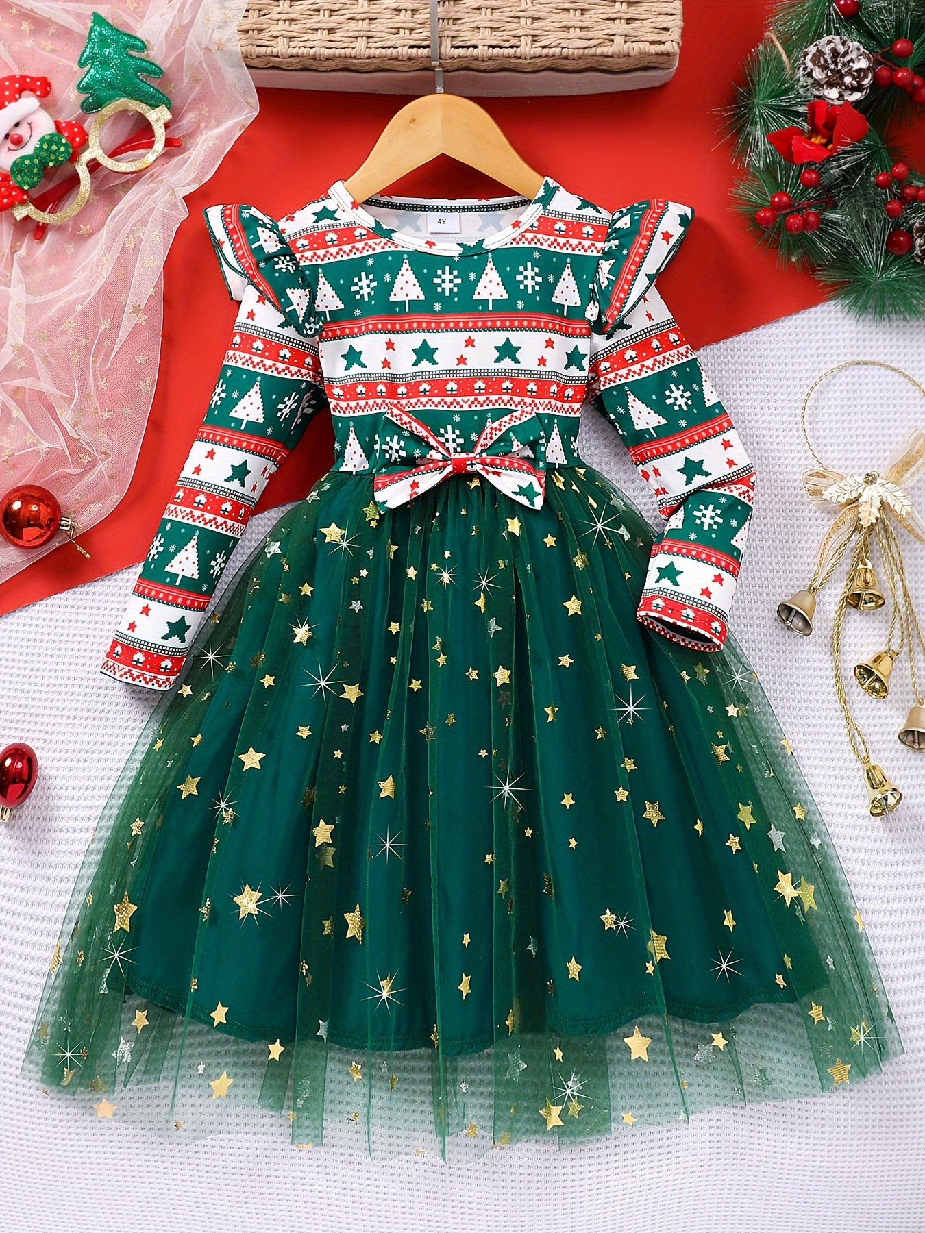 robe noël à manches longues tenue fête rouge verte jupe Temu