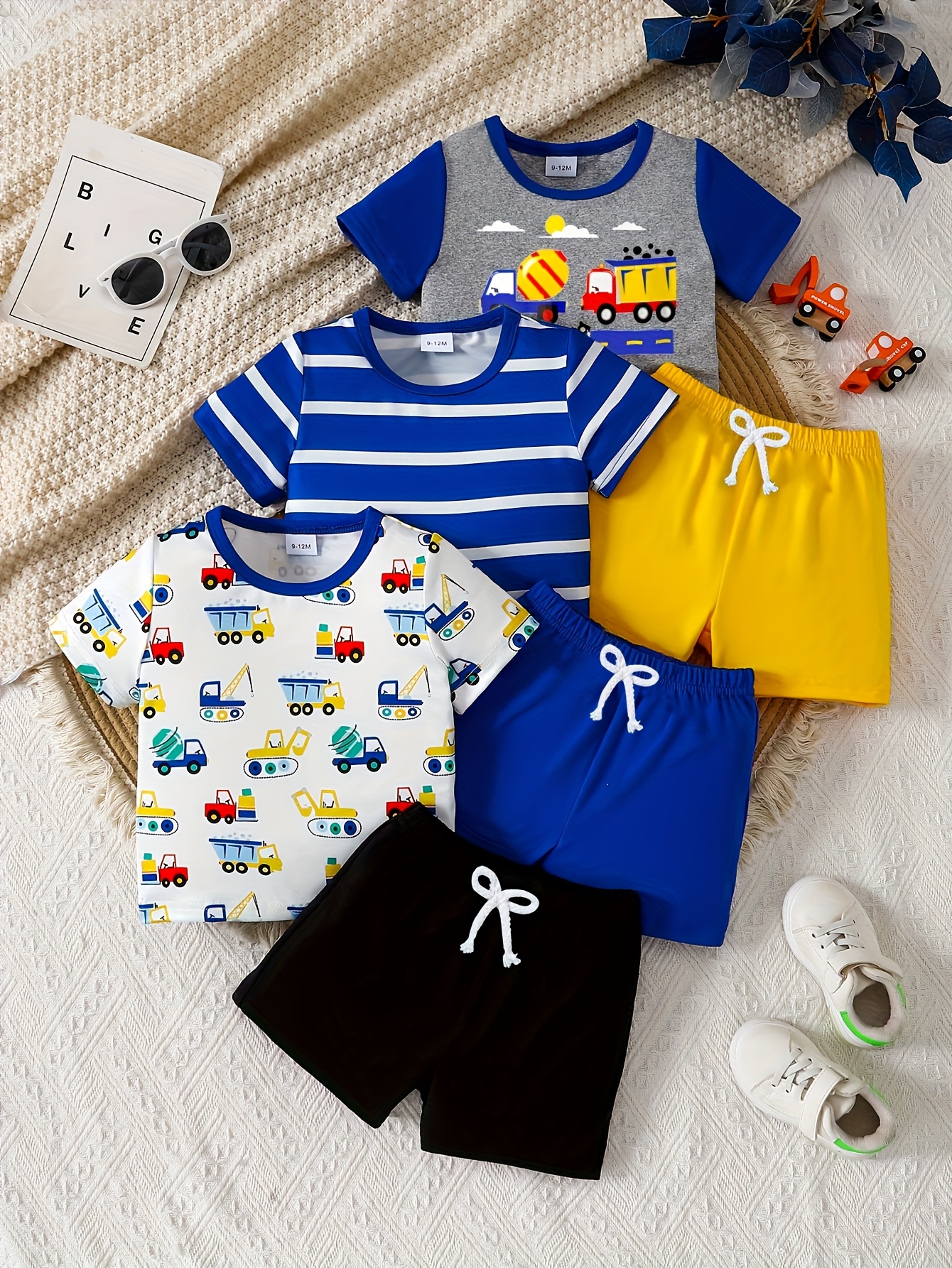 boys three piece set with striped short sleeves excavator crane printed short sleeves shorts casual and fashionable spring summer   for outdoor