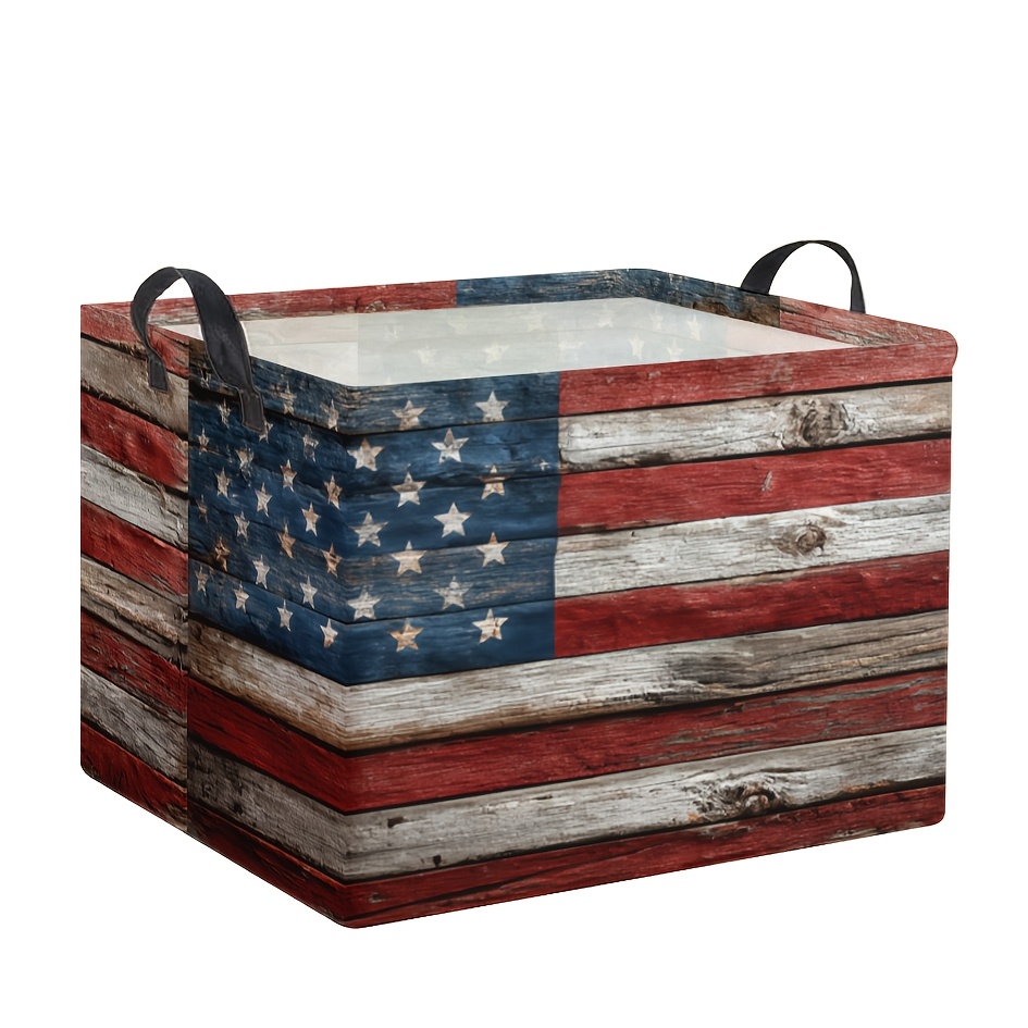 TEMU 1pc Rustic American Flag Collapsible Storage Bin - Vintage Usa Patriotic Wood Suitable For Home Bedroom Laundry Organization, Square With Sturdy Handle For, Blankets, Clothes, Collapsible