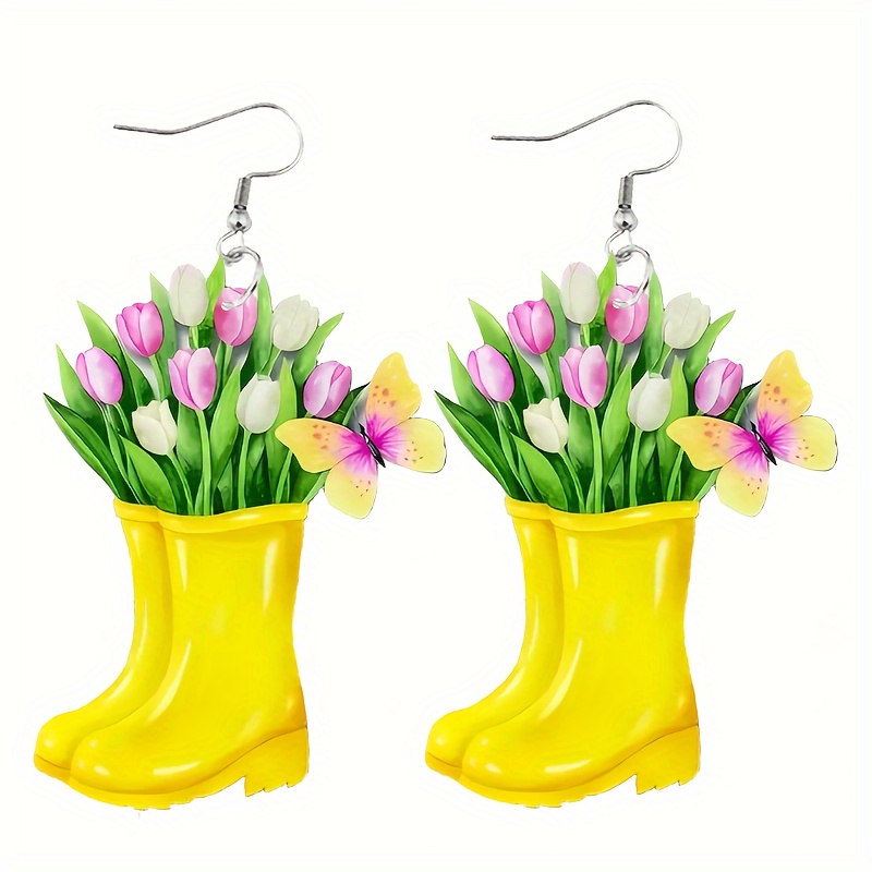 

1pair, Summer Small Fresh Yellow Boots Flower Temperament Daily 2d Acrylic Design Feeling All-match Earrings Female Holiday Party Accessories Holiday Party Gifts