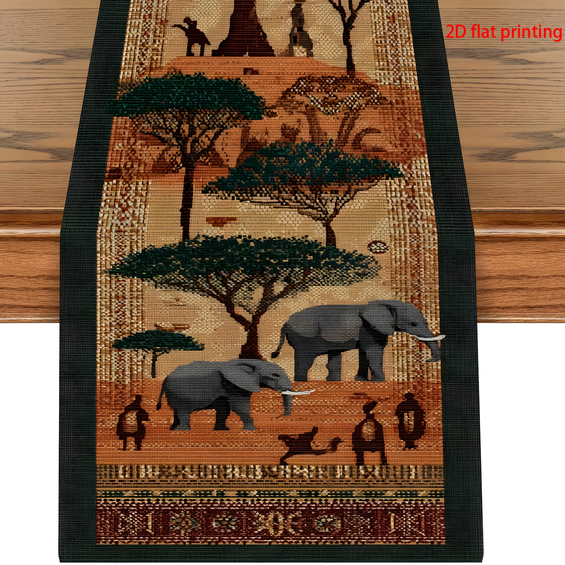 TEMU 1pc African Elephant Pattern Table Runner: African Style, Brown, Green, , Blending , Showcasing Fusion Of African And Nature. Table Runner,