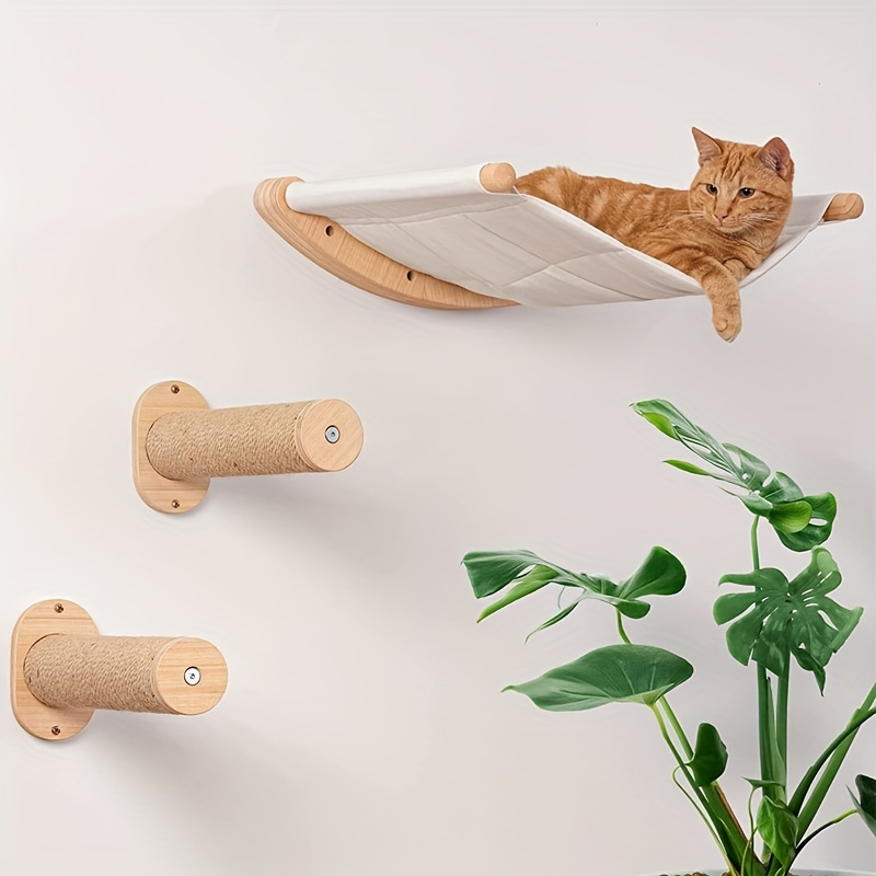 

3pcs/set Wooden Cat Hammock Set, Classic Style, Wall-mounted Bed With Jute Climbing Steps, Hanging Cat Nest, Pet Perch, Durable Solid Wood For Easy Cat Climbing