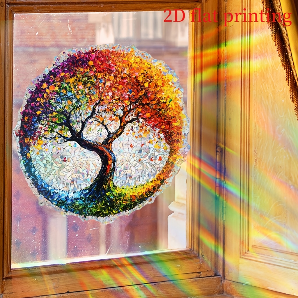 Image of 2d Flat, 1pc 2d Flat Printing Colorful Tree Of Life Electrostatic Film Sticker, Self-adhesive And Removable, Suitable For Living Room And Bedroom Glass, 2d Flat