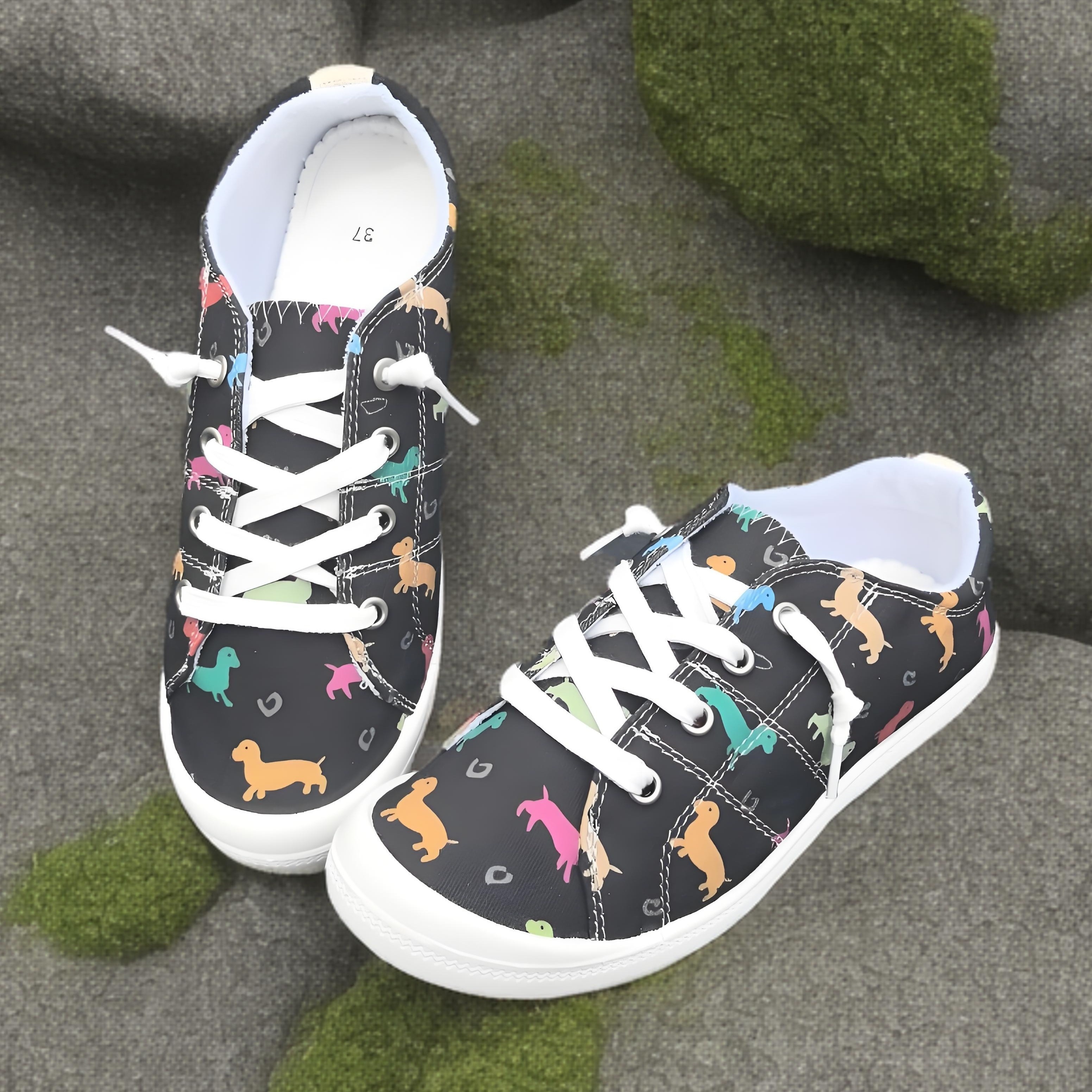 

Ladies' Lightweight Cartoon Dog Print Fabric Skateboarding Sneakers, Casual Comfortable Low-top Lace-up Shoes With Soft Tpr Sole For All Seasons