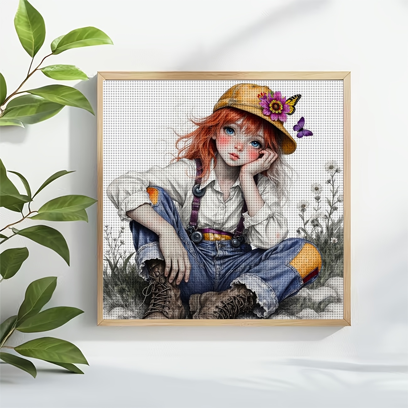 DIY Cross-Stitch Printed Kit, Red-Haired Child with Yellow Hat Pattern