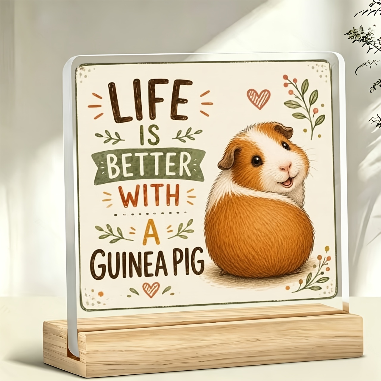 TEMU 2d Flat, 1pc Better With A Guinea Pig Guinea Pig Ornament With Slogan, Warm And Inspirational Message, Acrylic Ornament, With Wooden Base,