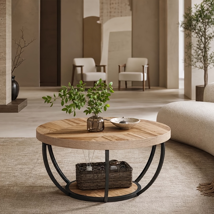 Industrial 32" Round Coffee Table - 2-tier Wood Grain & Black Accent Table, Open Storage Living Room Center Furniture