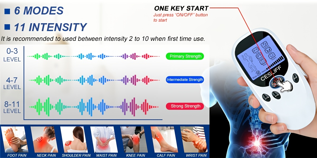 tens + ems 双通道肌肉舒缓脉冲按摩器，带 8 个电极，适用于肩部、肩背部疼痛、膝盖肌肉舒缓、损伤恢复，便携式设计，是送给家人和朋友的完美礼物！ 商品详情 2