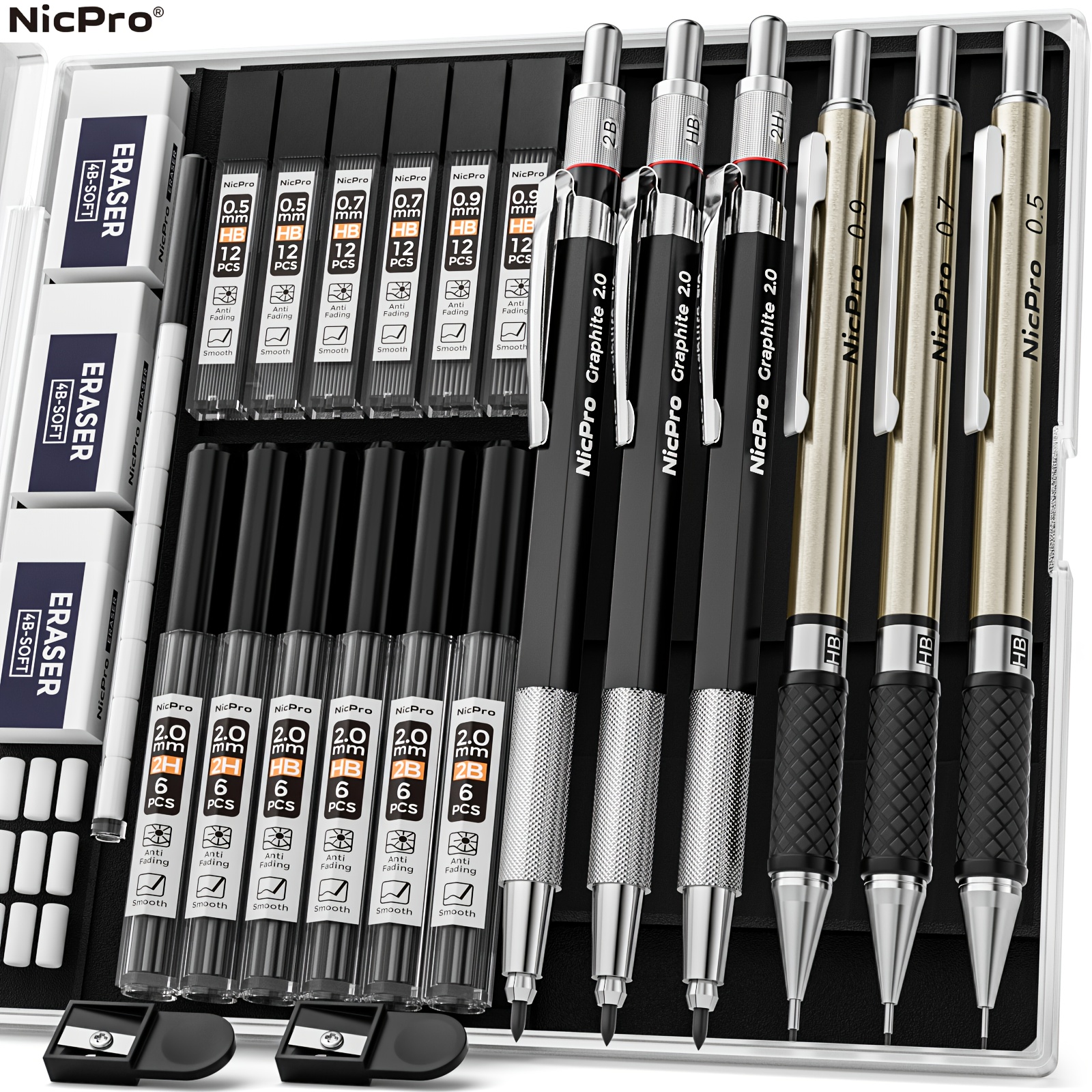 

6pcs Art Mechanical Pencil Set, 3pcs Metal Drafting Pencil 0.5 Mm & 0.7 Mm & 0.9 Mm & 3pcs 2mm Graphite Lead Holder (2b Hb 2h) For Writing, Sketching Drawing With Lead Refills Case