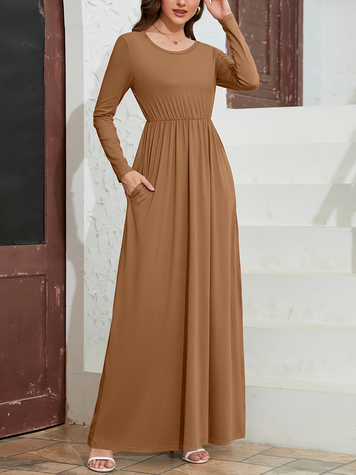 womens casual a line long sleeve dress solid color machine - Temu Spain