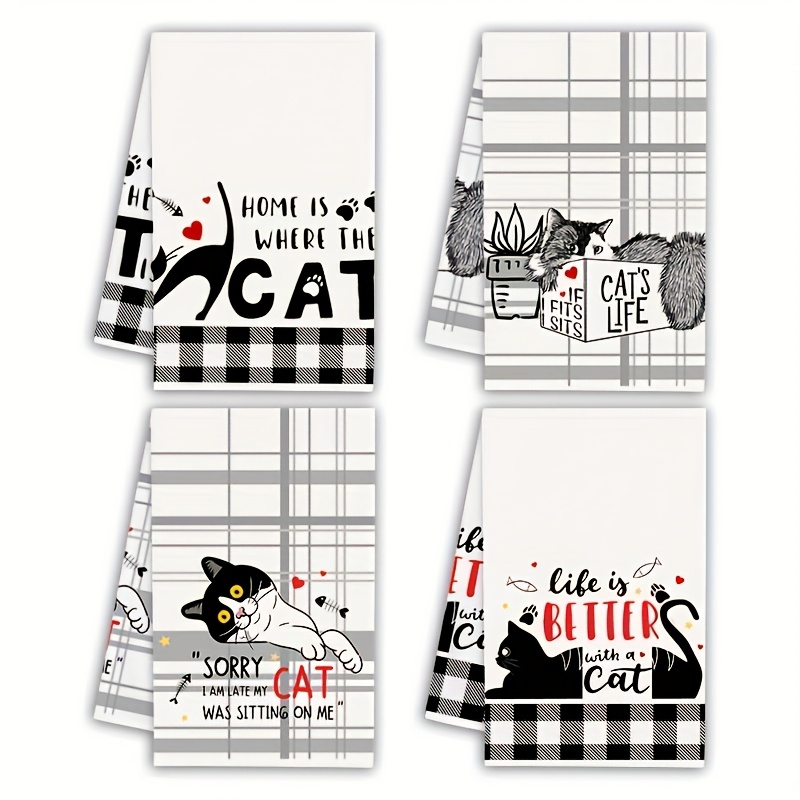 TEMU Of 4 Humorous Kitchen Towels Featuring A Modern Black Cat Design - Made From Microfiber, Decorative Tea Towels Are Absorbent, Resistant To Fading, Machine Washable
