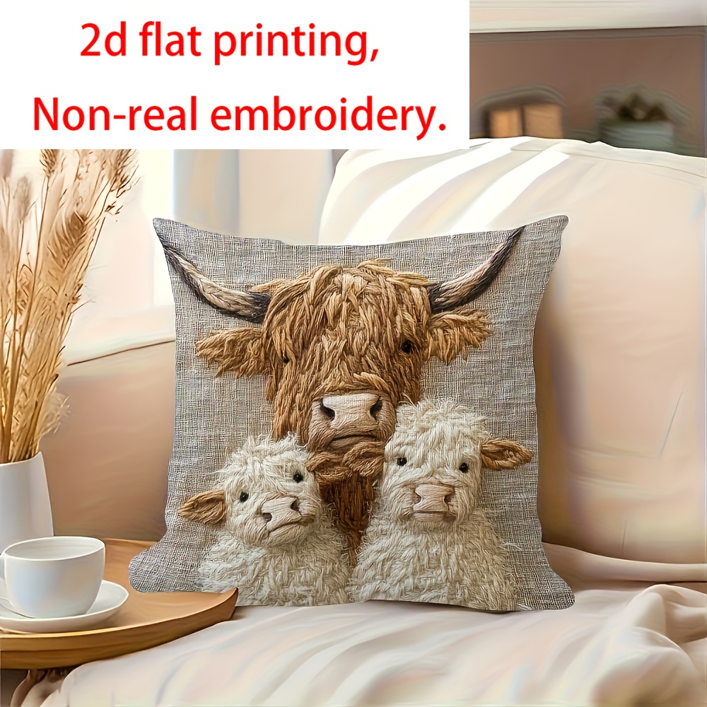 TEMU 2d Flat, Flat Printing, 1pc Highland Cow Family Design, 1 Head Of And 2 Calves Pattern, Single-sided Printed Pillowcase, Size 45cm X 45cm, For