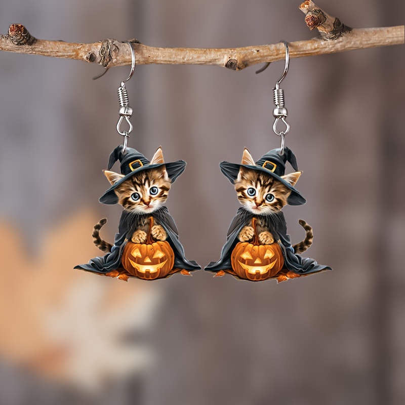 

Cat & Pumpkin Dangle Earrings - Acrylic, Stainless Steel Posts, Parties & Gifts