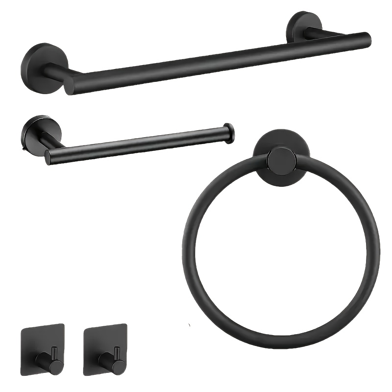 Image of 5/10pcs Bathroom 5pcs Golden Set, Including 16-inch Hand Towel Rack, Toilet Paper Holder, Towel Ring, Robe Towel Hook, 16-inch Black/chrome