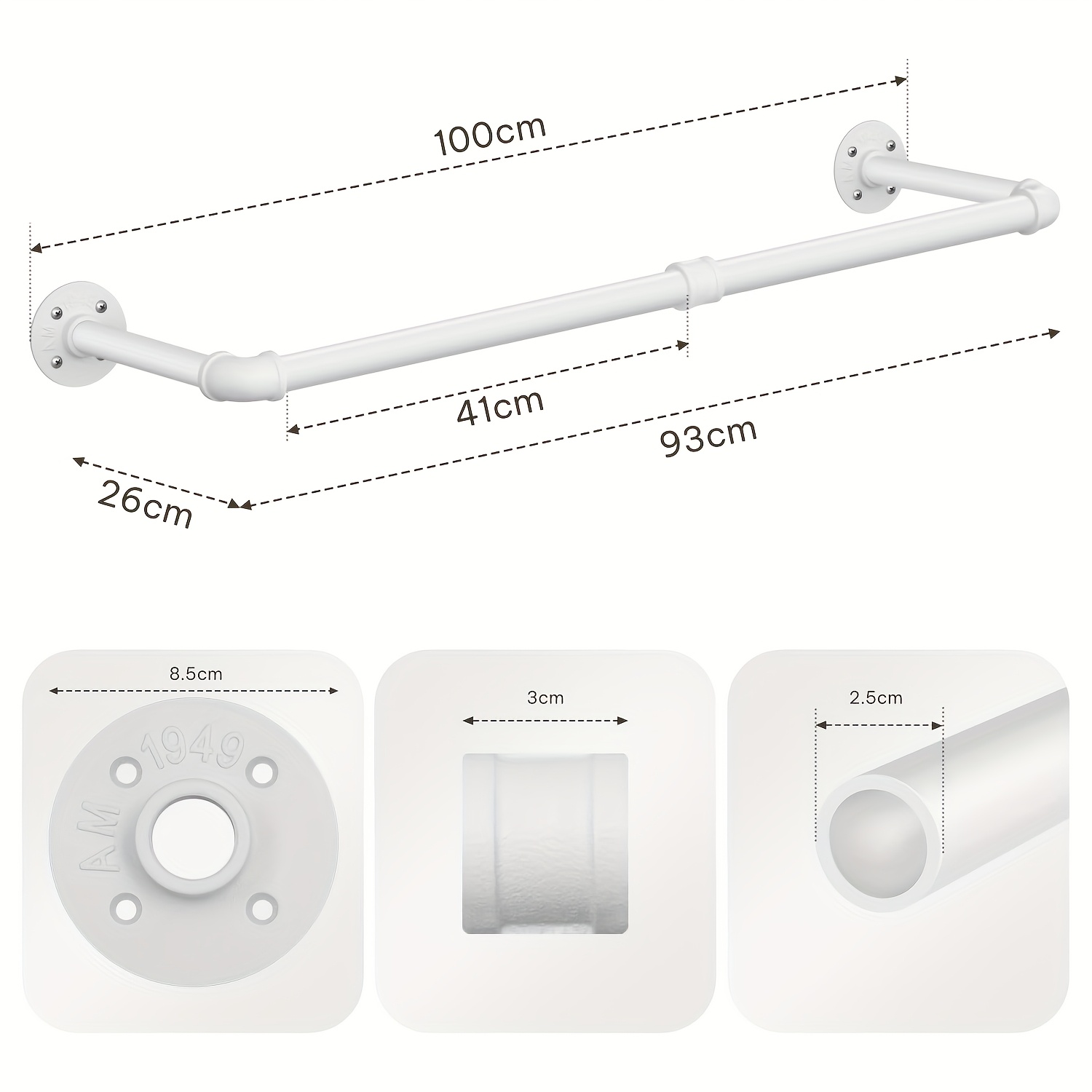 1pc Wall-mounted Clothes Rod, Wardrobe Storage, Industrial Wardrobe Tube, Suitable For Hallway, Kitchen, Living Room, And Bathroom Wardrobes. Multiple Sizes , White.