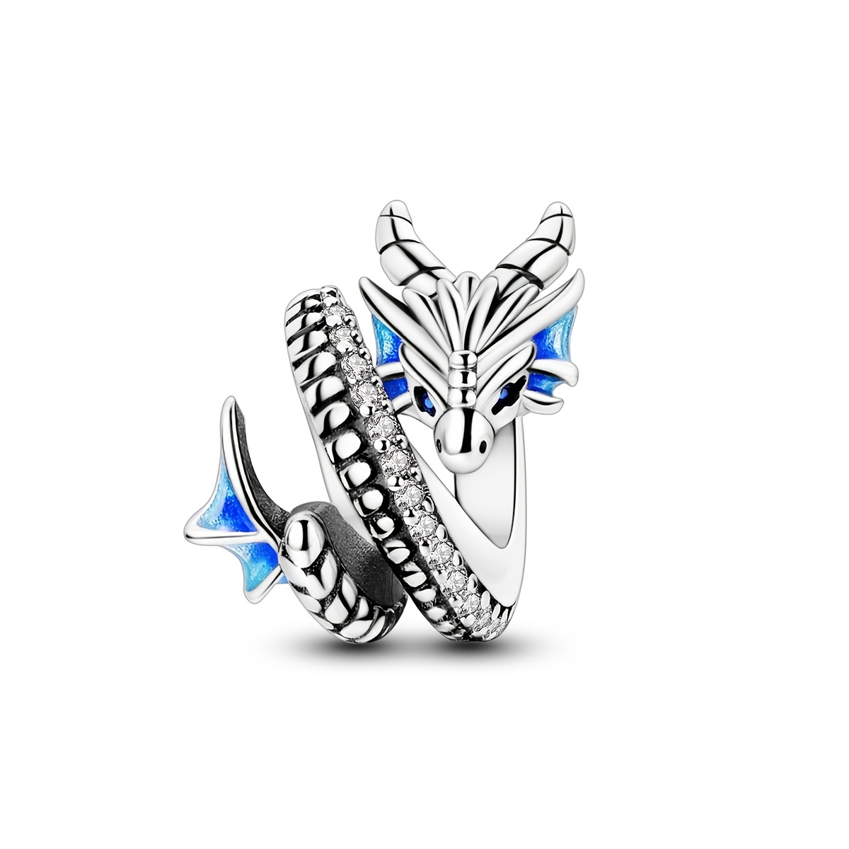 TEMU 1pc Silvery Color Charms Beads For Women Blue Dragon Shaped Beads Colored Glaze Shine Cubic Zirconia Inlay Jewelry Gifts Fit Original Bracelet &