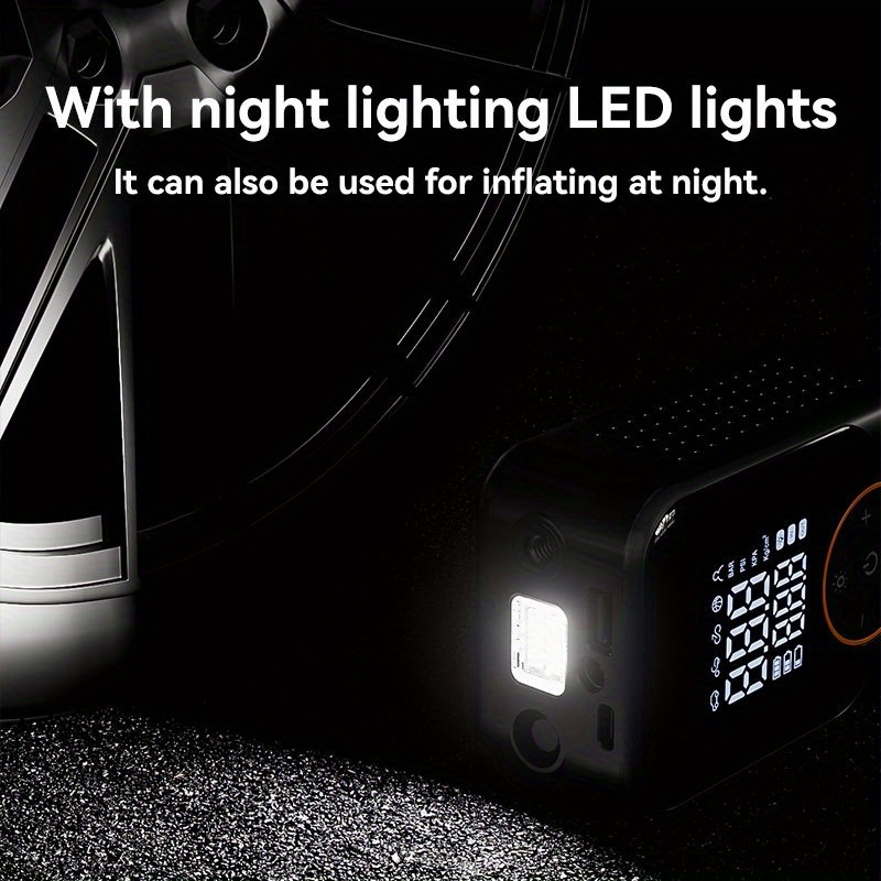 a portable air compressor pump with   lcd display a wireless tire inflator with usb c fast charging led light suitable for cars motorcycles bicycles balls and features an automatic shut   function   home Product details 4