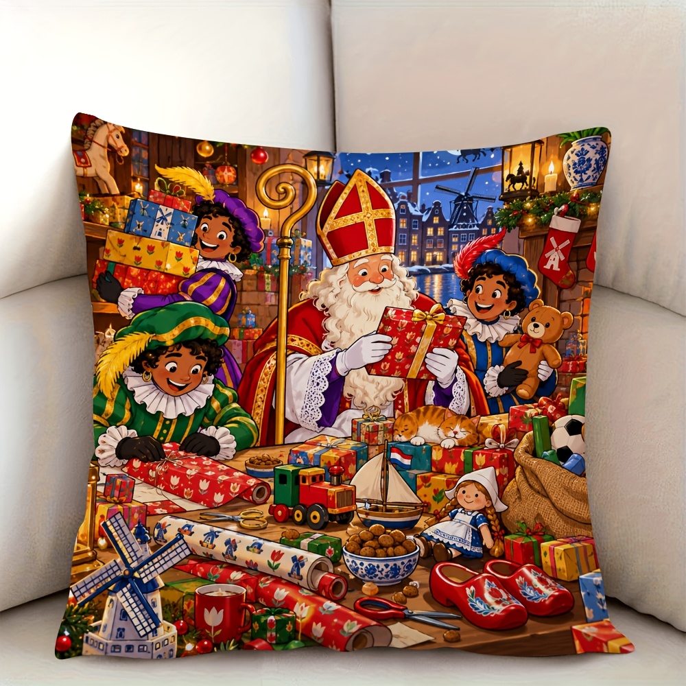 TEMU [2D Plat] 1 stuk Kussensloop (Zonder Kussenvulling), Elegante Decoratieve Hoes met Nederlands Sinterklaas-thema Bedrukt met Warme Feestelijke