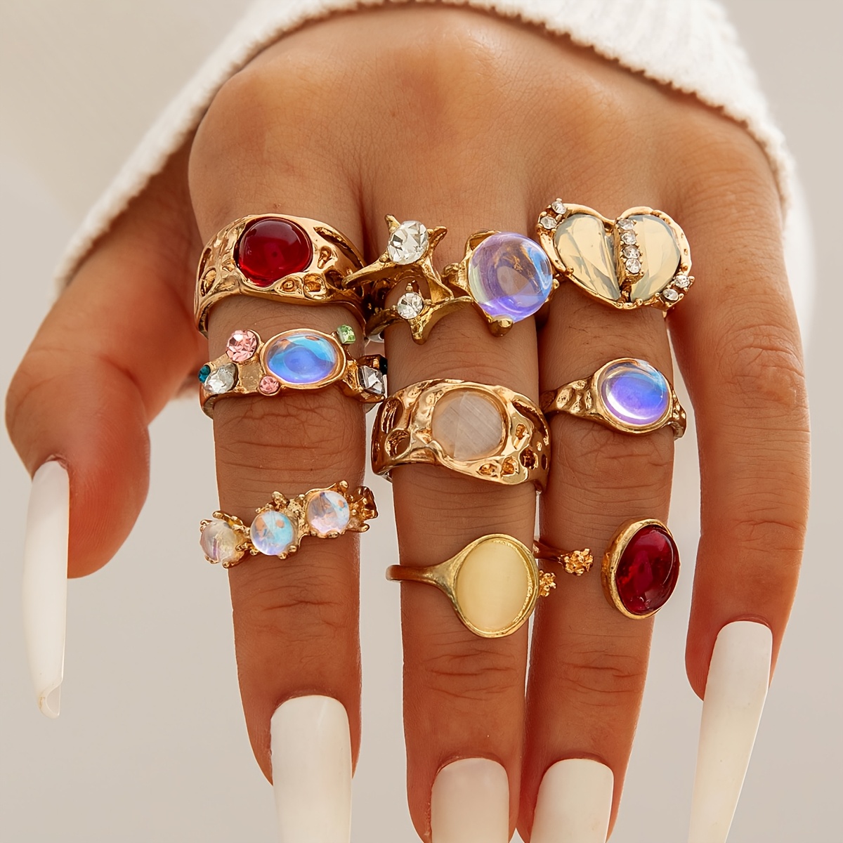 TEMU 9pcs Light Luxury Retro Heart-shaped Inlaid Colored Rhinestone Ring Set, Stackable Geometric Metal Opening Jewelry Set, Ideal Gift For Women's