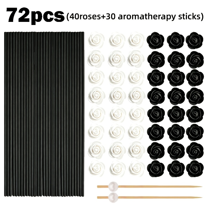 TEMU 72pcs Black And White Set: 30 Sticks + 20 White Roses + 20 Black Roses + 2 Sticks, Unscented, , Home Decor, Restaurant Decor, Room Ambiance,