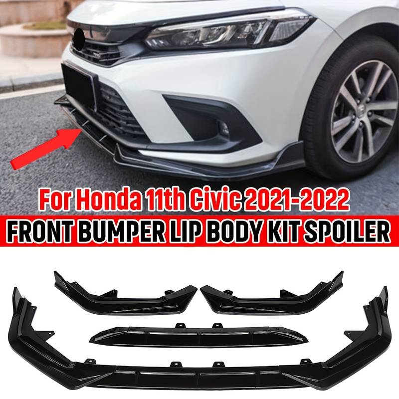 Gloss Black 3-Piece Front Bumper Lip Splitter For 2022-2024 Honda Civic 11th Gen (Sedan/Hatch)