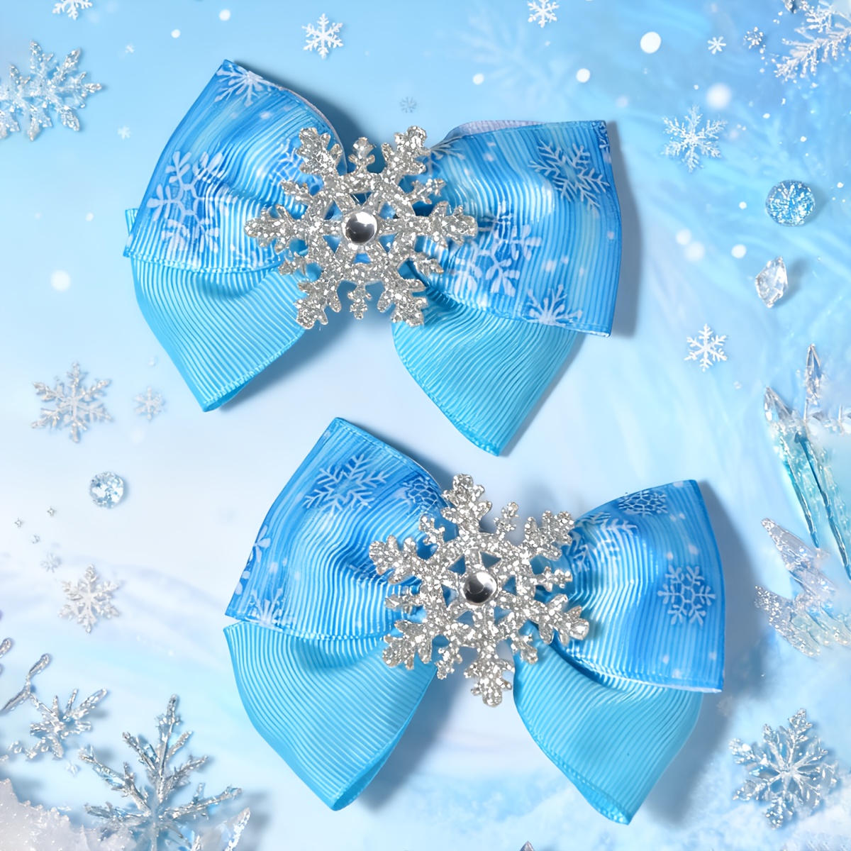 Image of Print Snowflake Back-to-back Bow Hair Clips, Ice And Snow Series, Sweet, Cute, And Versatile Hair Accessories. Suitable For Wedding Attire, Holiday Gifting, Christmas , And Hair Accessory Supplies
