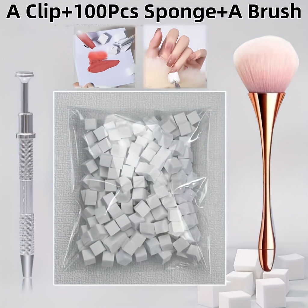 TEMU 3pcs Set Of 100 Sponge Pieces + 1 Clip + 1 Long-handled Brush, For Nail Art Ombre Painting And Cleaning, Nail Art Gradient Style Making, Sponge
