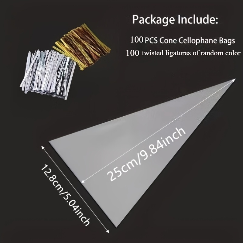 1 Set Of 200pcs/400pcs Transparent Cone-shaped Glass Paper Gift Bags With Golden And Silver Straps, Perfect For Packaging Popcorn, Candy, And Small Businesses. Zipper In For Packaging