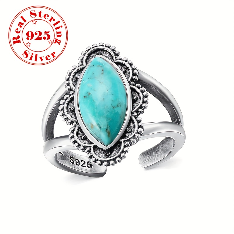 

1pc S925 Sterling Open Ring, Exquisite Marquise Shaped Beaded Petal Edge Design Inlaid Turquoise Ladies Open Cuff Ring, Open Adjustable Ring For Daily Dressing, Women Jewelry Gift, 3.3g/0.12oz