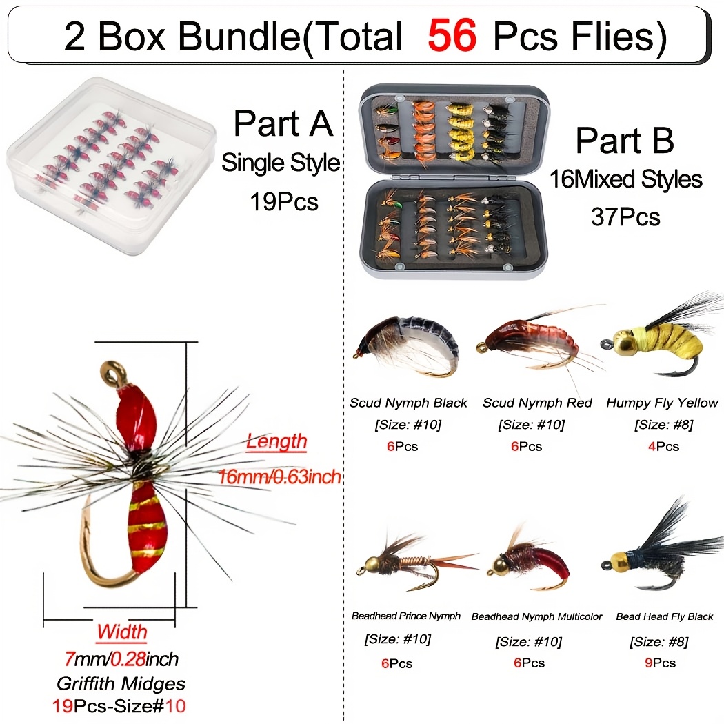 Image of Fly Lures Total:56pcs(2 Boxs) (fly Fishing Flies Kit) Dry/wet Flies Nymph Bait For Fishing Trout/perch/salmon Artificial Fishing Bait With Fly Fishing Box