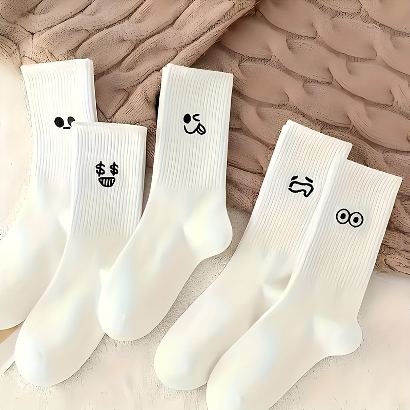 

Women's Elegant Athletic Polyester Blend Crew Socks 5-pack With Cartoon Emoticons, Rib-knit Stretch Fabric, Cartoon Pattern, Casual Long - Machine Washable