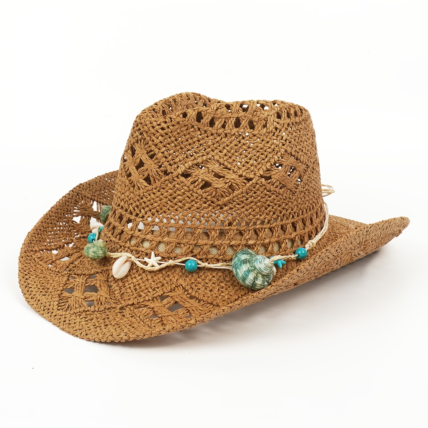 TEMU 1pc Hollow Hand Crochet Straw Denim Hat, Bohemian Bead Embellishment Wide Brim Sun Hat, Beach Vacation Outdoor Straw Hat
